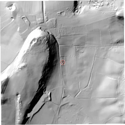 Shaded relief map of the ground around CH39LQ, computed from Environment Agency LiDAR. The ground here sits at about 110 m above sea level and falls 64 m across the surrounding 800 m. Surface water reaching this point runs off ground lying to the north-west, 55.5 m higher.