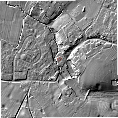 Shaded relief map of the ground around CH39PN, computed from Environment Agency LiDAR. The ground here sits at about 30 m above sea level and falls 16 m across the surrounding 800 m. Surface water reaching this point runs off ground lying to the east-north-east, 12.2 m higher.
