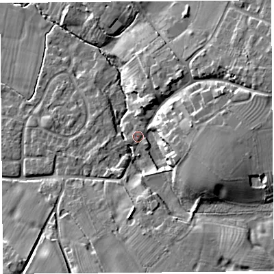 Shaded relief map of the ground around CH39PT, computed from Environment Agency LiDAR. The ground here sits at about 30 m above sea level and falls 16 m across the surrounding 800 m. Surface water reaching this point runs off ground lying to the east-south-east, 11.0 m higher.
