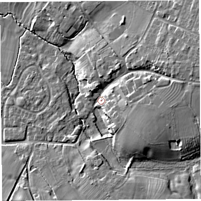 Shaded relief map of the ground around CH39PX, computed from Environment Agency LiDAR. The ground here sits at about 31 m above sea level and falls 16 m across the surrounding 800 m. Surface water reaching this point runs off ground lying to the east-north-east, 10.8 m higher.