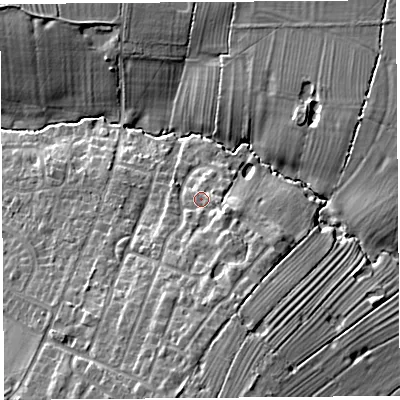 Shaded relief map of the ground around CH39RD, computed from Environment Agency LiDAR. The ground here sits at about 34 m above sea level and falls 14 m across the surrounding 800 m. Surface water reaching this point runs off ground lying to the south, 6.1 m higher.