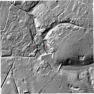 Shaded relief map of the ground around CH39RJ, computed from Environment Agency LiDAR. The ground here sits at about 29 m above sea level and falls 15 m across the surrounding 800 m. Surface water reaching this point runs off ground lying to the east, 8.7 m higher.