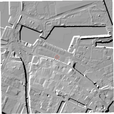 Shaded relief map of the ground around CH411AG, computed from Environment Agency LiDAR. The ground here sits at about 7 m above sea level and falls 28 m across the surrounding 800 m. Surface water reaching this point runs off ground lying to the east-south-east, 4.3 m higher.