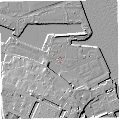 Shaded relief map of the ground around CH411AW, computed from Environment Agency LiDAR. The ground here sits at about 7 m above sea level and falls 16 m across the surrounding 800 m. Surface water reaching this point runs off ground lying to the south-south-east, 6.8 m higher.
