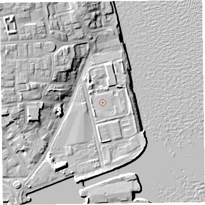 Shaded relief map of the ground around CH411BY, computed from Environment Agency LiDAR. The ground here sits at about 7 m above sea level and falls 15 m across the surrounding 800 m. The ground contributing surface water to this point lies to the south-south-west.