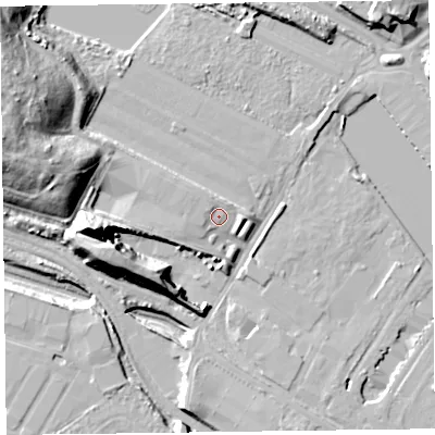 Shaded relief map of the ground around CH411EB, computed from Environment Agency LiDAR. The ground here sits at about 8 m above sea level and falls 26 m across the surrounding 800 m. Surface water reaching this point runs off ground lying to the west, 19.2 m higher.