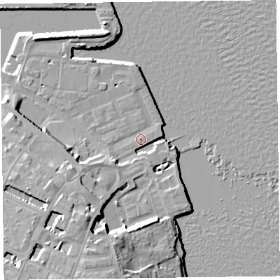Shaded relief map of the ground around CH411EL, computed from Environment Agency LiDAR. The ground here sits at about 7 m above sea level and falls 17 m across the surrounding 800 m. Surface water reaching this point runs off ground lying to the south-west, 14.5 m higher.
