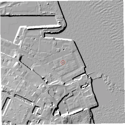 Shaded relief map of the ground around CH411EP, computed from Environment Agency LiDAR. The ground here sits at about 7 m above sea level and falls 17 m across the surrounding 800 m. Surface water reaching this point runs off ground lying to the south-west, 12.0 m higher.