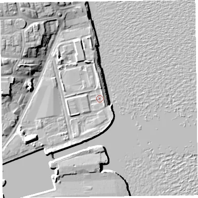 Shaded relief map of the ground around CH411FB, computed from Environment Agency LiDAR. The ground here sits at about 7 m above sea level and falls 13 m across the surrounding 800 m. Surface water reaching this point runs off ground lying to the south-east, 1.1 m higher.