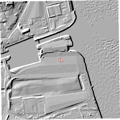 Shaded relief map of the ground around CH411FE, computed from Environment Agency LiDAR. The ground here sits at about 7 m above sea level and falls 10 m across the surrounding 800 m. Surface water reaching this point runs off ground lying to the north-west, 1.5 m higher.
