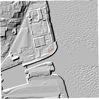 Shaded relief map of the ground around CH411FG, computed from Environment Agency LiDAR. The ground here sits at about 7 m above sea level and falls 12 m across the surrounding 800 m. Surface water reaching this point runs off ground lying to the south, 0.8 m higher.