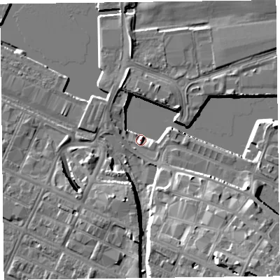 Shaded relief map of the ground around CH411FN, computed from Environment Agency LiDAR. The ground here sits at about 6 m above sea level and falls 15 m across the surrounding 800 m. Surface water reaching this point runs off ground lying to the south-east, 14.6 m higher.