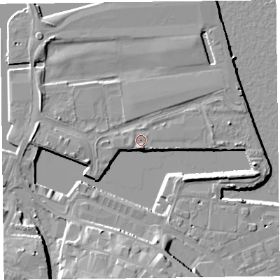 Shaded relief map of the ground around CH411LF, computed from Environment Agency LiDAR. The ground here sits at about 7 m above sea level and falls 12 m across the surrounding 800 m. Surface water reaching this point runs off ground lying to the south, 1.5 m higher.