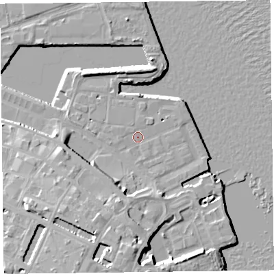 Shaded relief map of the ground around CH411LJ, computed from Environment Agency LiDAR. The ground here sits at about 7 m above sea level and falls 16 m across the surrounding 800 m. Surface water reaching this point runs off ground lying to the south-south-west, 9.6 m higher.