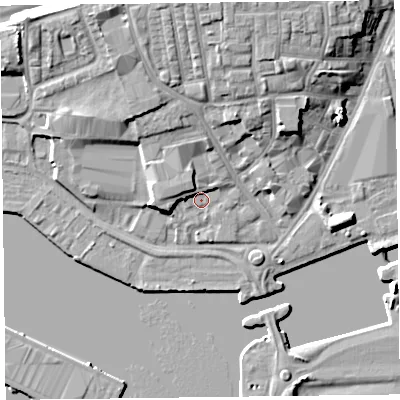Shaded relief map of the ground around CH411LT, computed from Environment Agency LiDAR. The ground here sits at about 8 m above sea level and falls 13 m across the surrounding 800 m. Surface water reaching this point runs off ground lying to the west-north-west, 3.5 m higher.