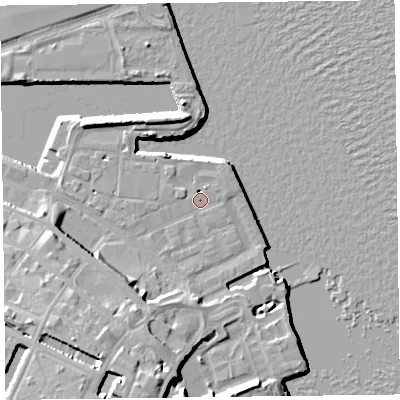 Shaded relief map of the ground around CH414AA, computed from Environment Agency LiDAR. The ground here sits at about 7 m above sea level and falls 16 m across the surrounding 800 m. Surface water reaching this point runs off ground lying to the south-south-west, 12.0 m higher.