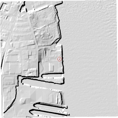Shaded relief map of the ground around CH415LH, computed from Environment Agency LiDAR. The ground here sits at about 9 m above sea level and falls 28 m across the surrounding 800 m. Surface water reaching this point runs off ground lying to the west-north-west, 3.7 m higher.
