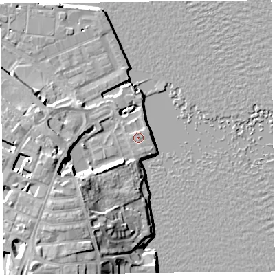 Shaded relief map of the ground around CH416DU, computed from Environment Agency LiDAR. The ground here sits at about 8 m above sea level and falls 17 m across the surrounding 800 m. Surface water reaching this point runs off ground lying to the north-north-west, 0.9 m higher.