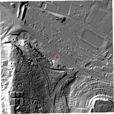 Shaded relief map of the ground around CH417DD, computed from Environment Agency LiDAR. The ground here sits at about 16 m above sea level and falls 58 m across the surrounding 800 m. Surface water reaching this point runs off ground lying to the west, 20.0 m higher.