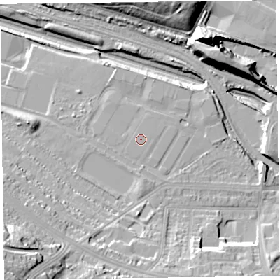 Shaded relief map of the ground around CH417ED, computed from Environment Agency LiDAR. The ground here sits at about 8 m above sea level and falls 27 m across the surrounding 800 m. The ground contributing surface water to this point lies to the south-south-east.