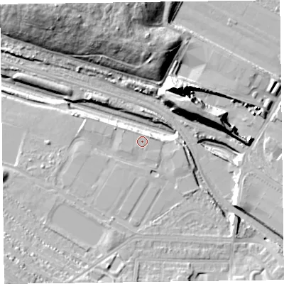 Shaded relief map of the ground around CH417EL, computed from Environment Agency LiDAR. The ground here sits at about 8 m above sea level and falls 27 m across the surrounding 800 m. Surface water reaching this point runs off ground lying to the east-north-east, 1.1 m higher.
