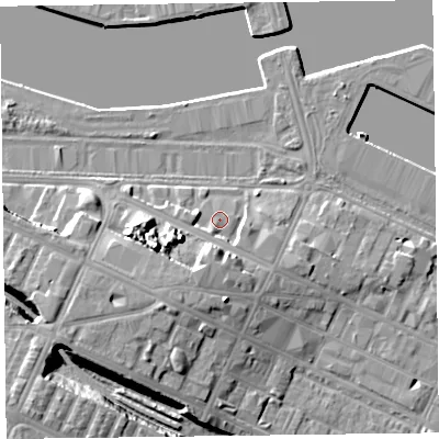 Shaded relief map of the ground around CH418FA, computed from Environment Agency LiDAR. The ground here sits at about 8 m above sea level and falls 12 m across the surrounding 800 m. Surface water reaching this point runs off ground lying to the south-west, 1.6 m higher.