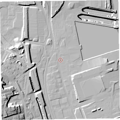 Shaded relief map of the ground around CH419BP, computed from Environment Agency LiDAR. The ground here sits at about 6 m above sea level and falls 47 m across the surrounding 800 m. Surface water reaching this point runs off ground lying to the south-south-east, 4.6 m higher.