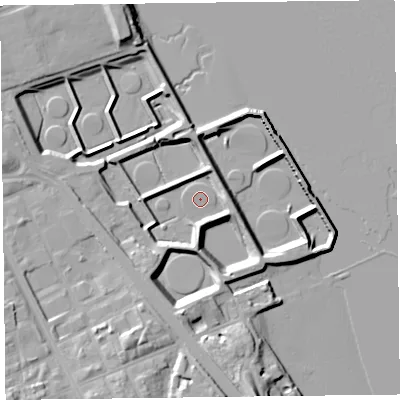 Shaded relief map of the ground around CH421LQ, computed from Environment Agency LiDAR. The ground here sits at about 3 m above sea level and falls 18 m across the surrounding 800 m. Surface water reaching this point runs off ground lying to the south, 12.3 m higher.