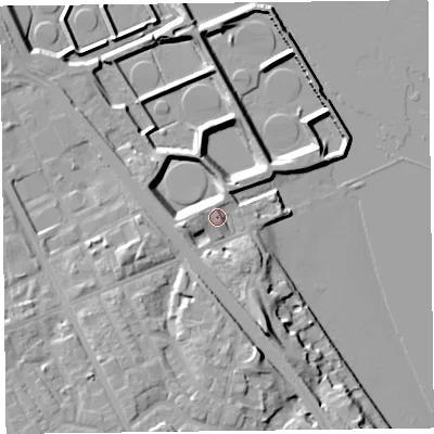 Shaded relief map of the ground around CH421LS, computed from Environment Agency LiDAR. The ground here sits at about 9 m above sea level and falls 19 m across the surrounding 800 m. Surface water reaching this point runs off ground lying to the south, 2.5 m higher.