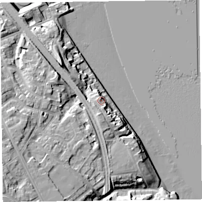 Shaded relief map of the ground around CH421PJ, computed from Environment Agency LiDAR. The ground here sits at about 11 m above sea level and falls 20 m across the surrounding 800 m. Surface water reaching this point runs off ground lying to the south, 8.4 m higher.
