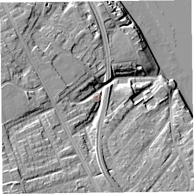 Shaded relief map of the ground around CH421PU, computed from Environment Agency LiDAR. The ground here sits at about 14 m above sea level and falls 26 m across the surrounding 800 m. Surface water reaching this point runs off ground lying to the south-west, 17.6 m higher.