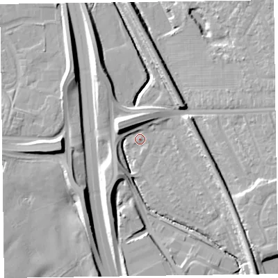 Shaded relief map of the ground around CH433AP, computed from Environment Agency LiDAR. The ground here sits at about 16 m above sea level and falls 15 m across the surrounding 800 m. Surface water reaching this point runs off ground lying to the west-north-west, 9.6 m higher.