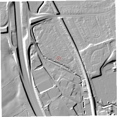 Shaded relief map of the ground around CH433BA, computed from Environment Agency LiDAR. The ground here sits at about 17 m above sea level and falls 16 m across the surrounding 800 m. Surface water reaching this point runs off ground lying to the south-south-west, 12.2 m higher.