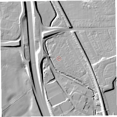 Shaded relief map of the ground around CH433BB, computed from Environment Agency LiDAR. The ground here sits at about 16 m above sea level and falls 16 m across the surrounding 800 m. Surface water reaching this point runs off ground lying to the south-east, 11.1 m higher.