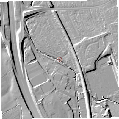 Shaded relief map of the ground around CH433BG, computed from Environment Agency LiDAR. The ground here sits at about 17 m above sea level and falls 18 m across the surrounding 800 m. Surface water reaching this point runs off ground lying to the south-south-east, 11.8 m higher.