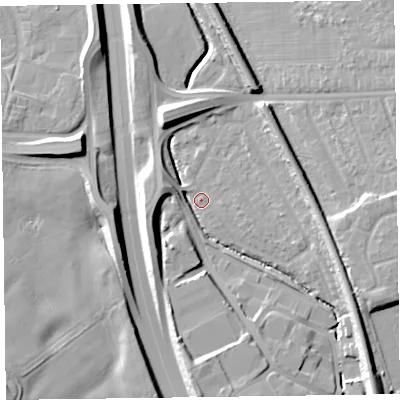 Shaded relief map of the ground around CH433BQ, computed from Environment Agency LiDAR. The ground here sits at about 17 m above sea level and falls 18 m across the surrounding 800 m. Surface water reaching this point runs off ground lying to the south-east, 11.4 m higher.