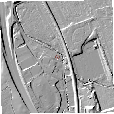Shaded relief map of the ground around CH433DS, computed from Environment Agency LiDAR. The ground here sits at about 17 m above sea level and falls 23 m across the surrounding 800 m. Surface water reaching this point runs off ground lying to the south-south-east, 12.7 m higher.