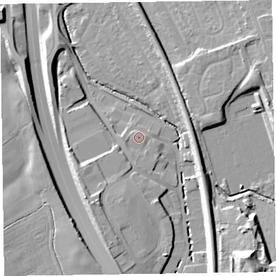 Shaded relief map of the ground around CH433DT, computed from Environment Agency LiDAR. The ground here sits at about 19 m above sea level and falls 23 m across the surrounding 800 m. Surface water reaching this point runs off ground lying to the south-south-west, 2.8 m higher.