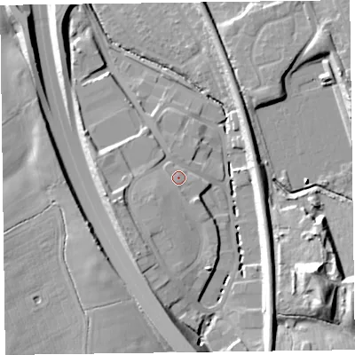 Shaded relief map of the ground around CH433DU, computed from Environment Agency LiDAR. The ground here sits at about 22 m above sea level and falls 23 m across the surrounding 800 m. Surface water reaching this point runs off ground lying to the south-west, 2.1 m higher.