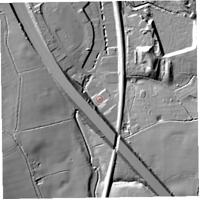 Shaded relief map of the ground around CH433DZ, computed from Environment Agency LiDAR. The ground here sits at about 23 m above sea level and falls 20 m across the surrounding 800 m. Surface water reaching this point runs off ground lying to the south, 13.5 m higher.