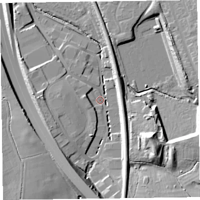 Shaded relief map of the ground around CH433HQ, computed from Environment Agency LiDAR. The ground here sits at about 19 m above sea level and falls 22 m across the surrounding 800 m. Surface water reaching this point runs off ground lying to the south, 16.5 m higher.
