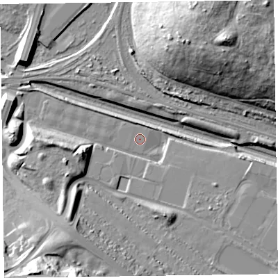 Shaded relief map of the ground around CH437AA, computed from Environment Agency LiDAR. The ground here sits at about 4 m above sea level and falls 31 m across the surrounding 800 m. Surface water reaching this point runs off ground lying to the south-west, 13.8 m higher.