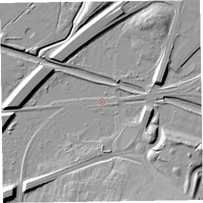 Shaded relief map of the ground around CH437RF, computed from Environment Agency LiDAR. The ground here sits at about 4 m above sea level and falls 15 m across the surrounding 800 m. Surface water reaching this point runs off ground lying to the south-east, 10.8 m higher.