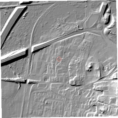 Shaded relief map of the ground around CH437XG, computed from Environment Agency LiDAR. The ground here sits at about 10 m above sea level and falls 43 m across the surrounding 800 m. Surface water reaching this point runs off ground lying to the south-south-east, 2.1 m higher.
