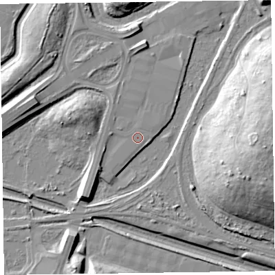 Shaded relief map of the ground around CH442HE, computed from Environment Agency LiDAR. The ground here sits at about 5 m above sea level and falls 29 m across the surrounding 800 m. Surface water reaching this point runs off ground lying to the west-north-west, 1.1 m higher.
