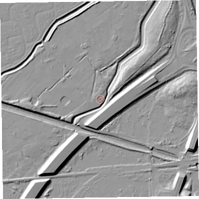 Shaded relief map of the ground around CH442HR, computed from Environment Agency LiDAR. The ground here sits at about 4 m above sea level and falls 10 m across the surrounding 800 m. Surface water reaching this point runs off ground lying to the north, 0.8 m higher.