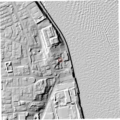 Shaded relief map of the ground around CH446LY, computed from Environment Agency LiDAR. The ground here sits at about 10 m above sea level and falls 17 m across the surrounding 800 m. Surface water reaching this point runs off ground lying to the north-west, 5.6 m higher.