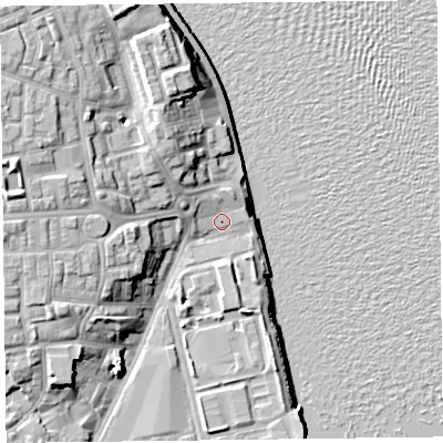 Shaded relief map of the ground around CH446NR, computed from Environment Agency LiDAR. The ground here sits at about 7 m above sea level and falls 15 m across the surrounding 800 m. Surface water reaching this point runs off ground lying to the south, 1.6 m higher.