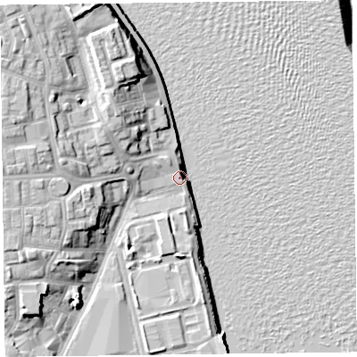 Shaded relief map of the ground around CH446QY, computed from Environment Agency LiDAR. The ground here sits at about 7 m above sea level and falls 21 m across the surrounding 800 m. Surface water reaching this point runs off ground lying to the west-north-west, 4.2 m higher.