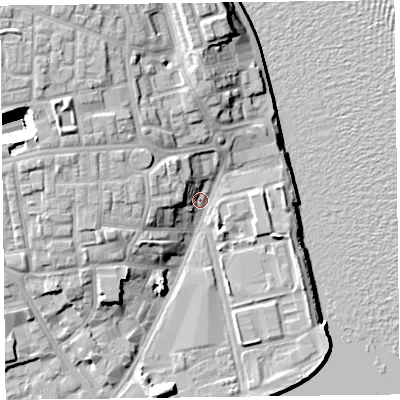 Shaded relief map of the ground around CH447BX, computed from Environment Agency LiDAR. The ground here sits at about 8 m above sea level and falls 24 m across the surrounding 800 m. Surface water reaching this point runs off ground lying to the north-west, 11.9 m higher.